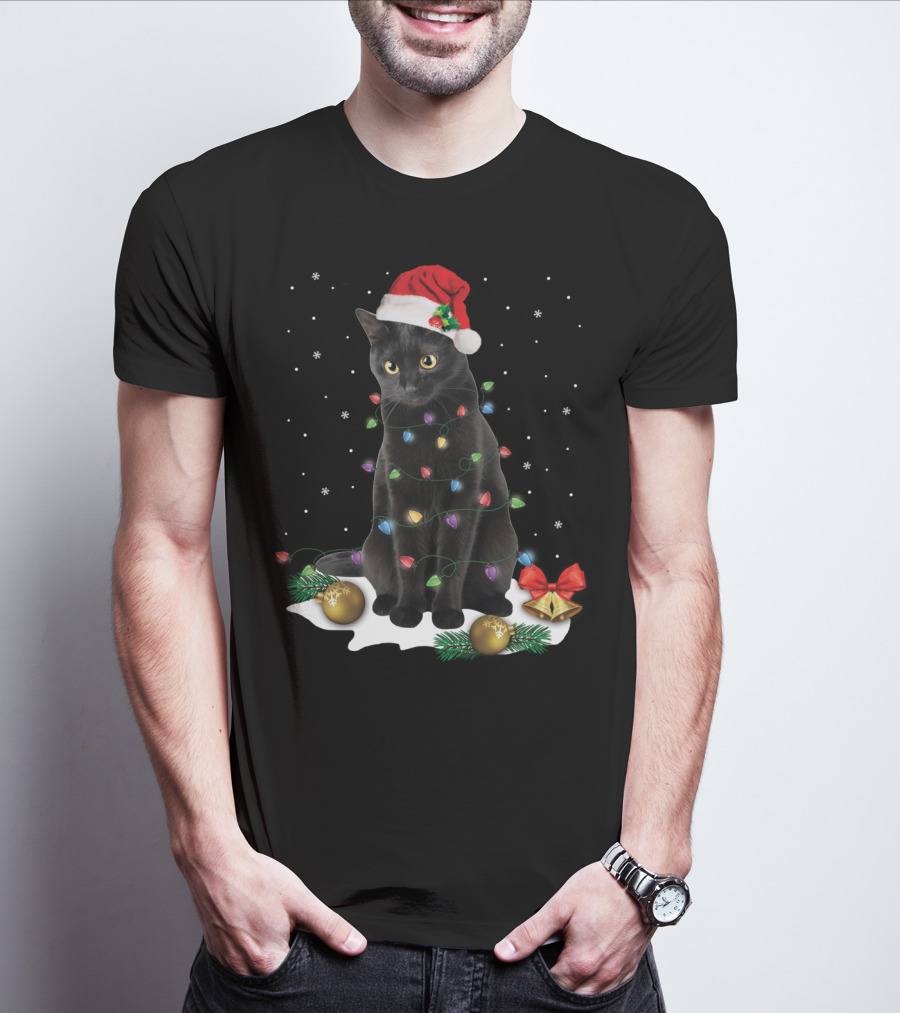 Black Cat Santa Christmas Lights Funny Cat Dad Festive Holiday T-Shirt