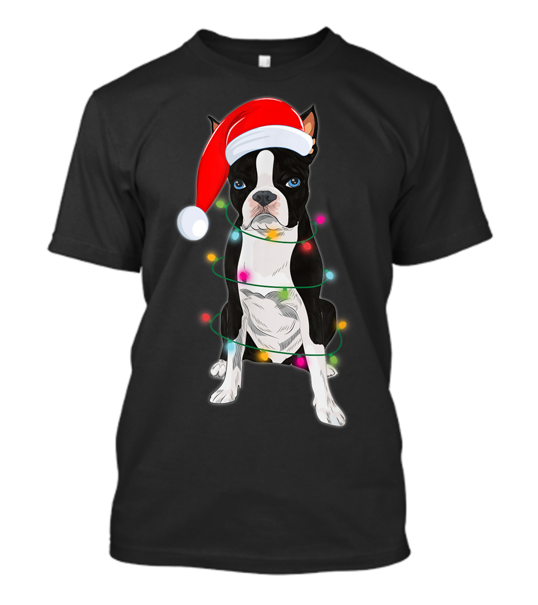 Boston Terrier Wrapped In Christmas Lights With Santa Hat T-Shirt