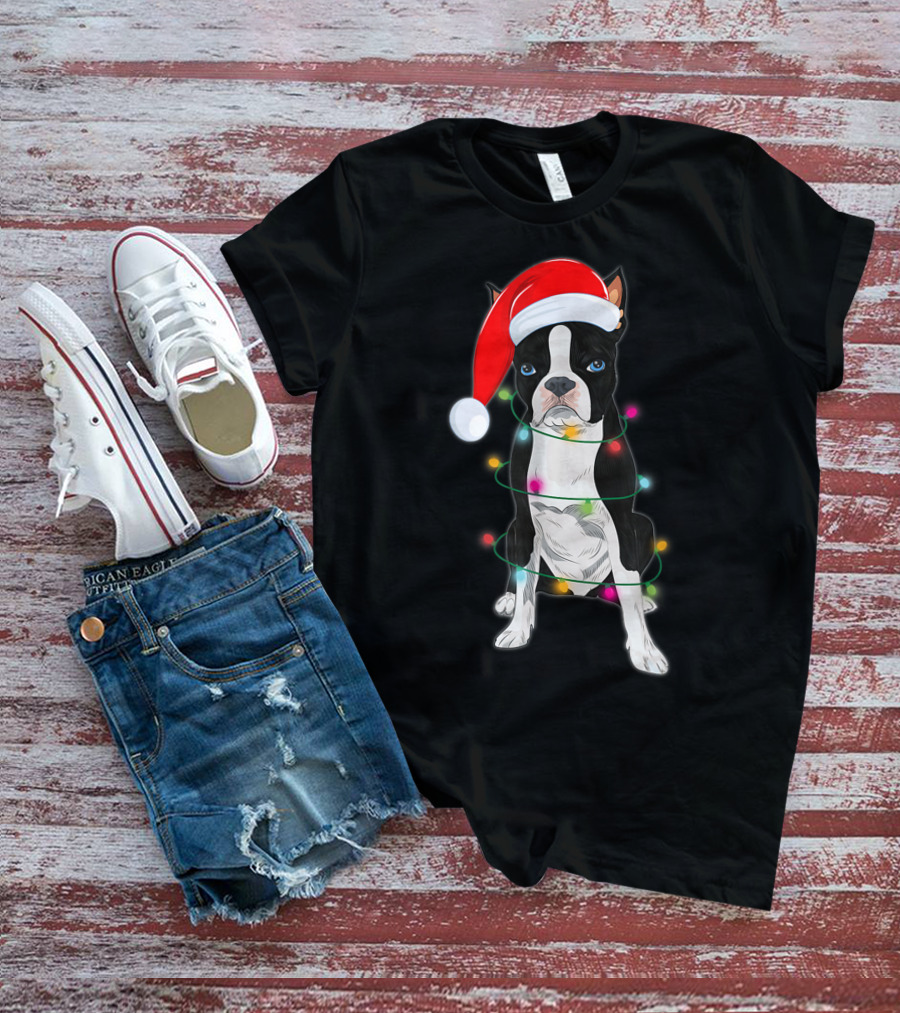 Boston Terrier Wrapped In Christmas Lights With Santa Hat T-Shirt