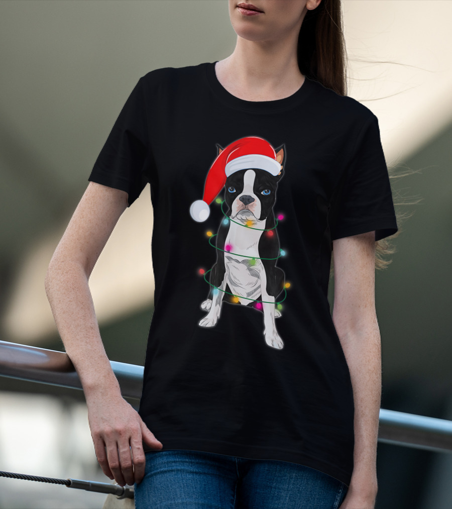 Boston Terrier Wrapped In Christmas Lights With Santa Hat T-Shirt
