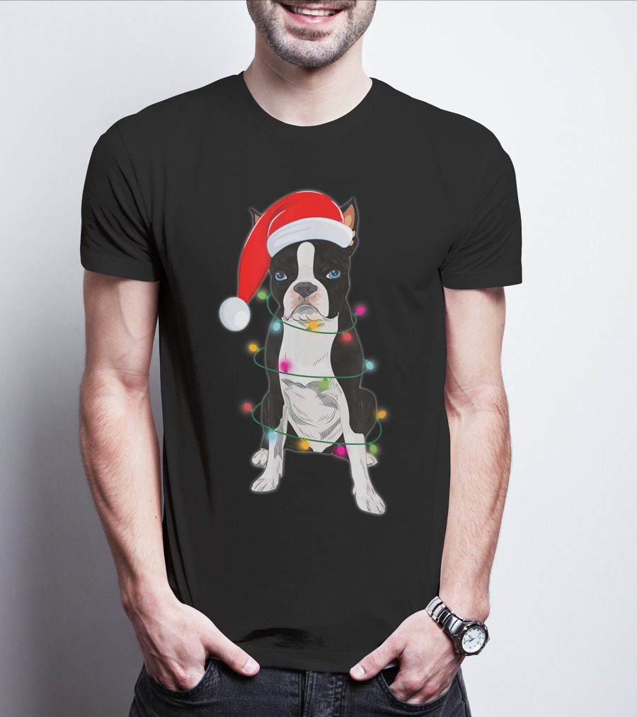 Boston Terrier Wrapped In Christmas Lights With Santa Hat T-Shirt
