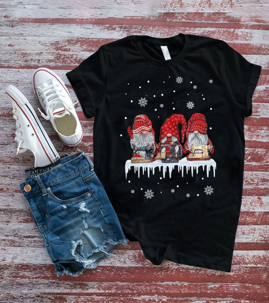 Christmas Gnomes Red Sewing Machine Snowflakes Winter Scene T-Shirt
