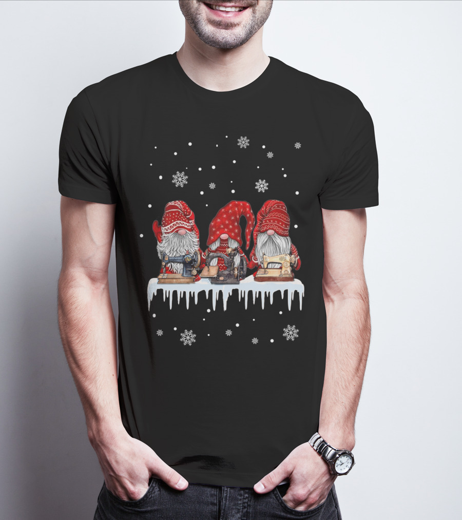 Christmas Gnomes Red Sewing Machine Snowflakes Winter Scene T-Shirt