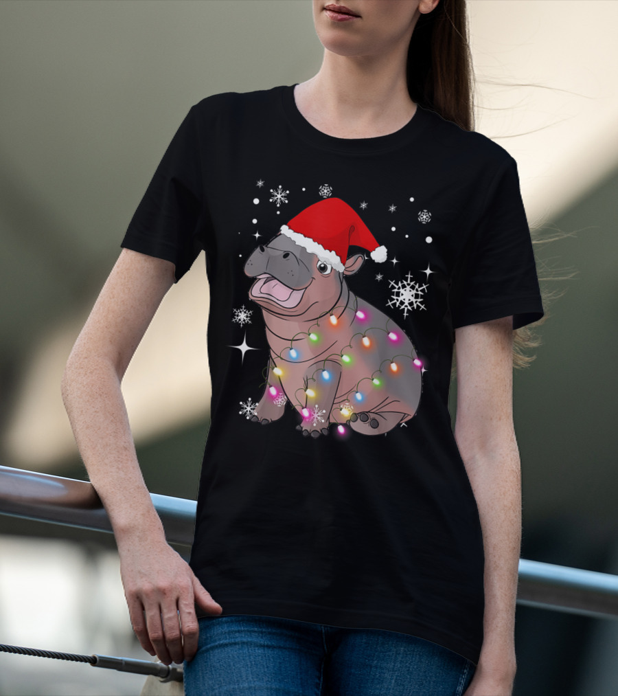 Christmas Lights Baby Hippo Fiona Santa Hat T-Shirt