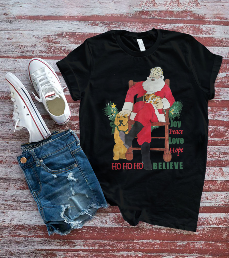 Christmas Santa With Dog And Cat Joy Peace Love Hope Believe Ho Ho Ho T-Shirt