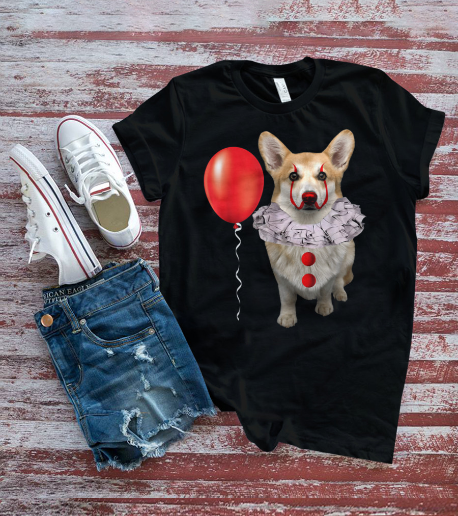 Corgi Clown Costume With Red Balloon Scary Funny Corgi T-Shirt