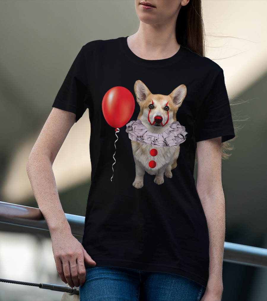 Corgi Clown Costume With Red Balloon Scary Funny Corgi T-Shirt