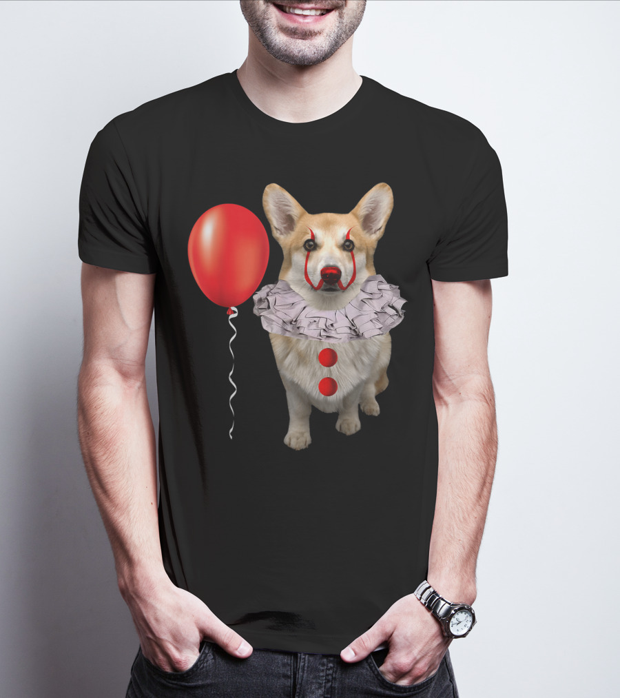 Corgi Clown Costume With Red Balloon Scary Funny Corgi T-Shirt