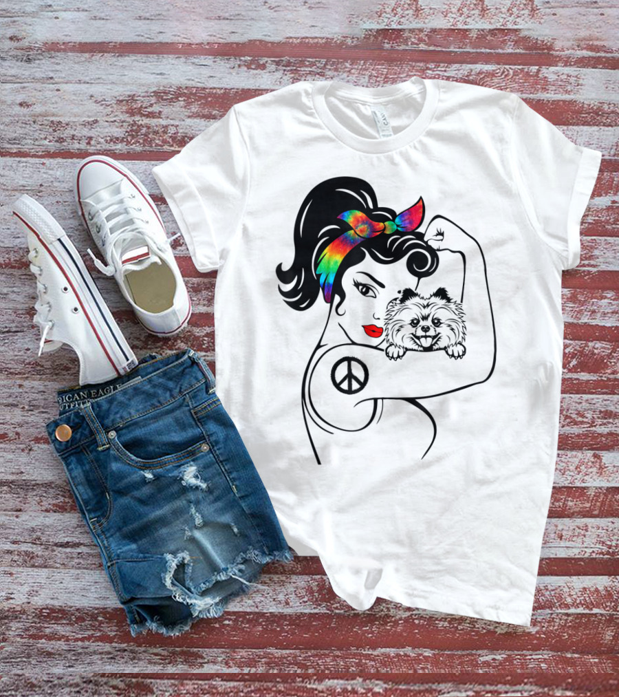 Cute Pomeranian Mom Peace Rainbow Bandana T-Shirt