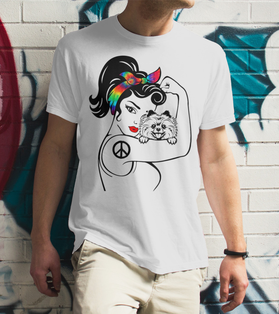 Cute Pomeranian Mom Peace Rainbow Bandana T-Shirt