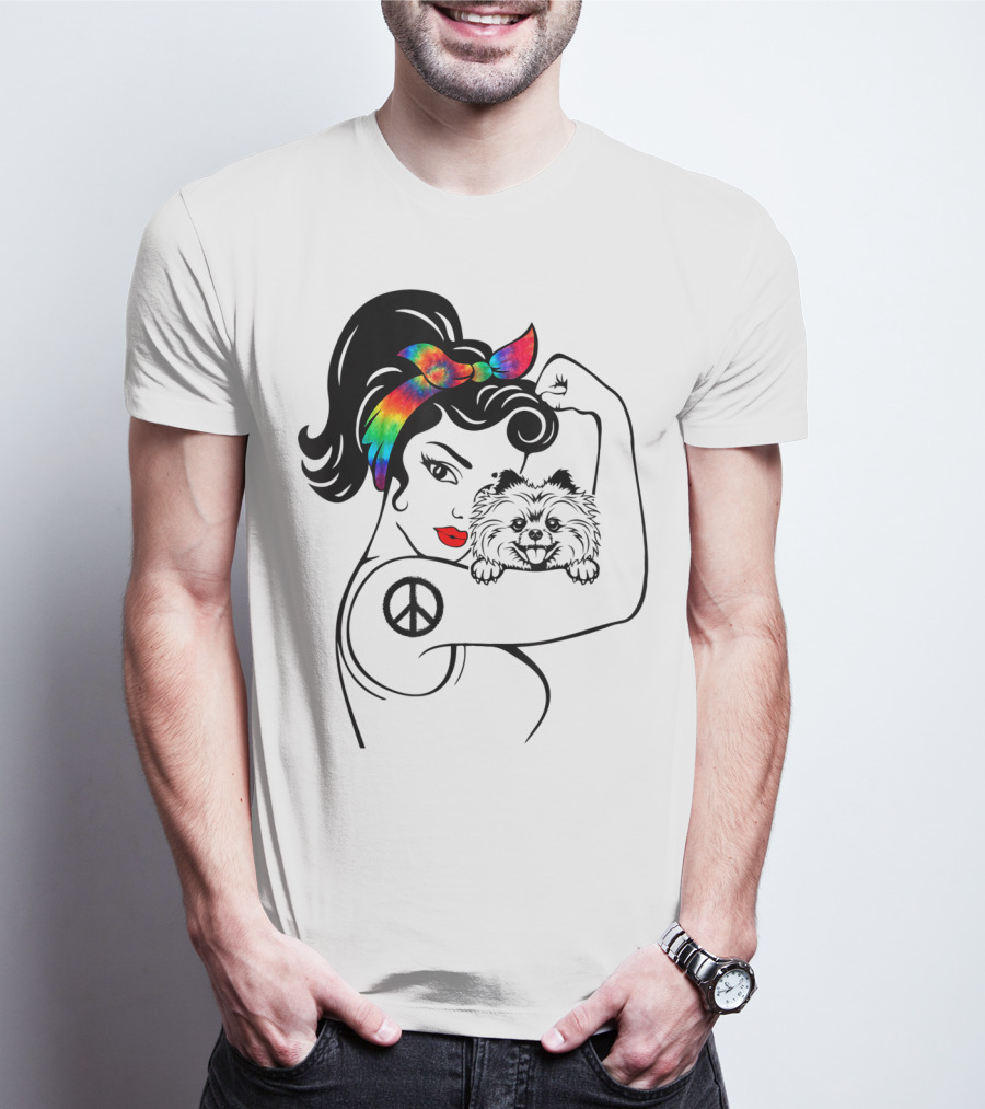 Cute Pomeranian Mom Peace Rainbow Bandana T-Shirt