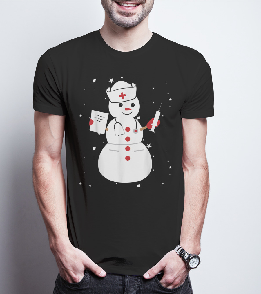 Nurse Snowman Holding Syringe And Clipboard For Cute Christmas Winter T-Shirt