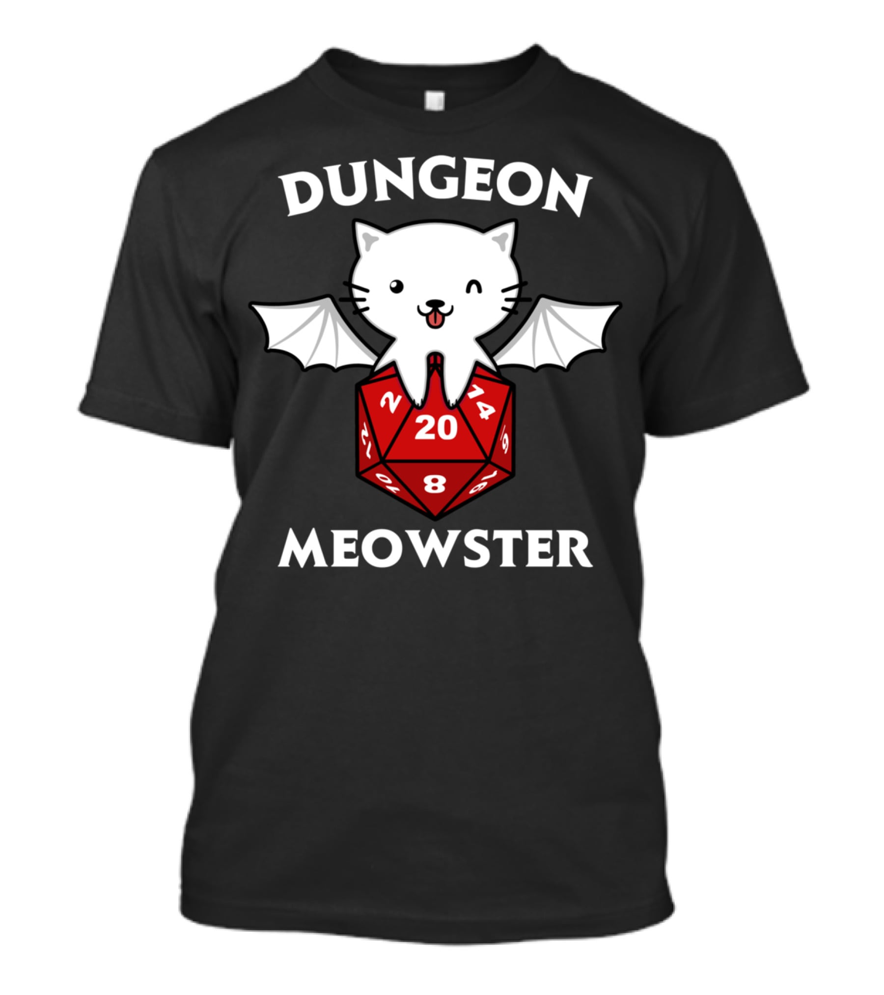 Dungeon Meowster D20 RPG Cat With Wings On Dice T-Shirt