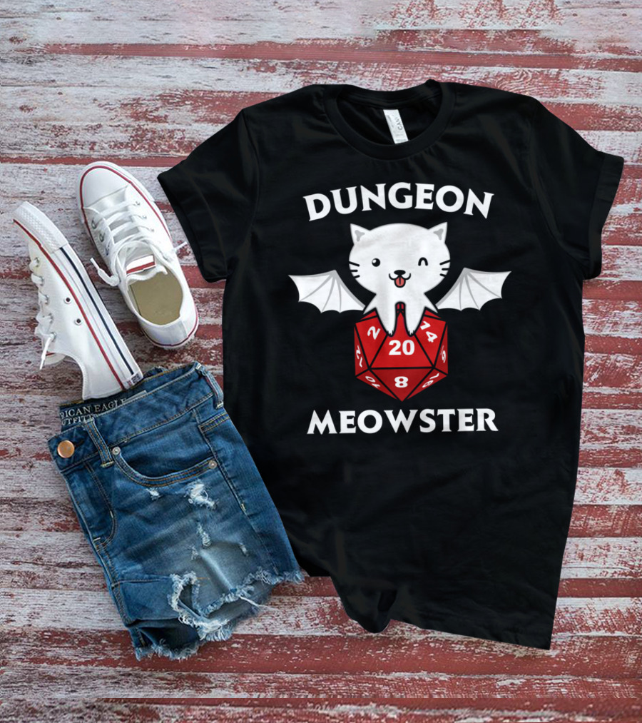 Dungeon Meowster D20 RPG Cat With Wings On Dice T-Shirt