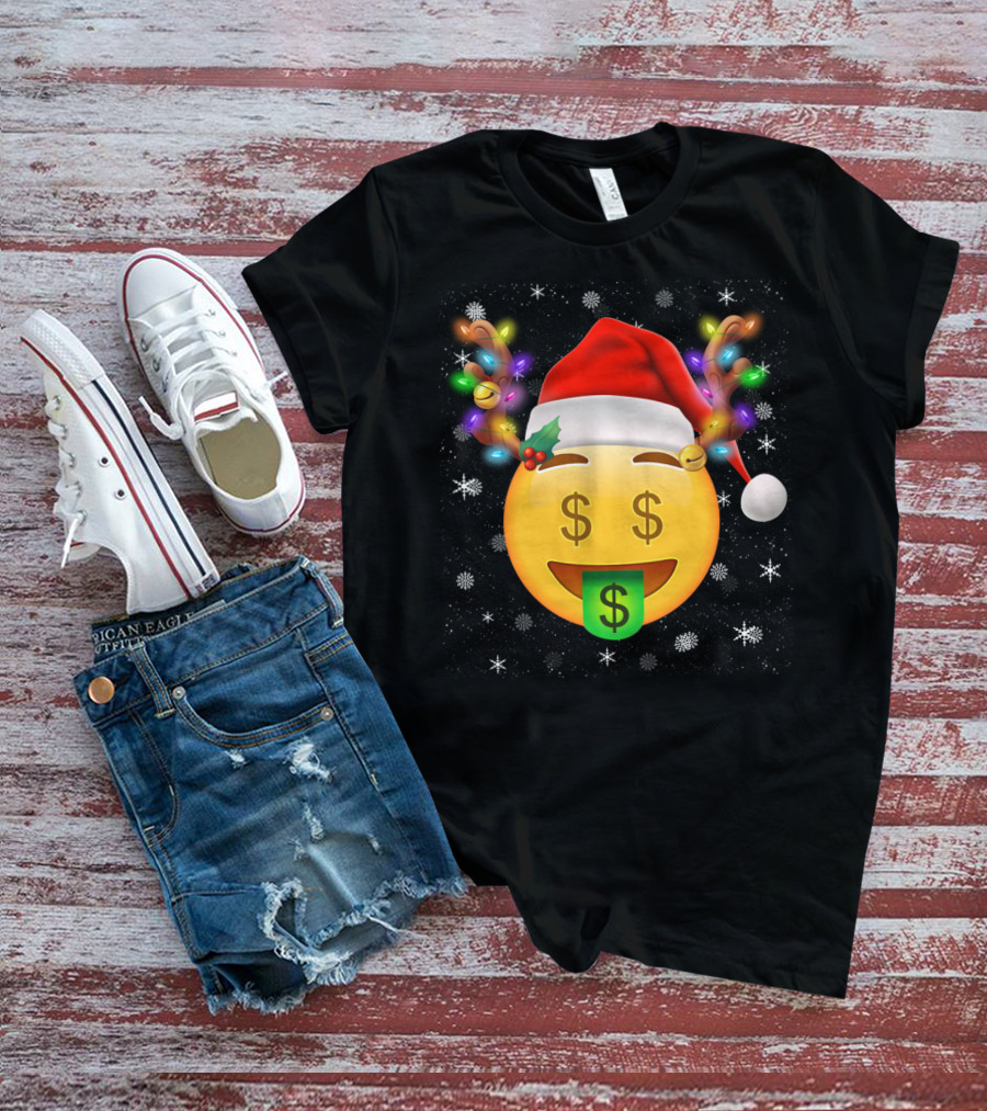 Santa Hat Reindeer Antlers Emoji Money Face T-Shirt