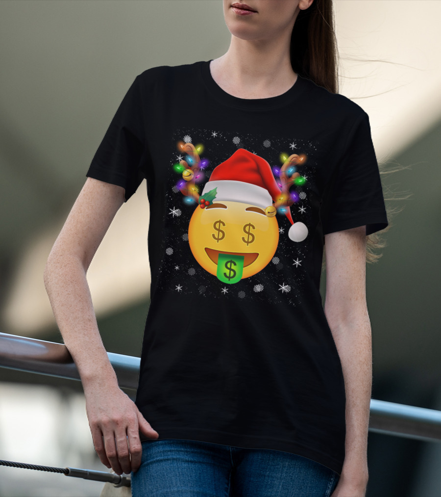 Santa Hat Reindeer Antlers Emoji Money Face T-Shirt