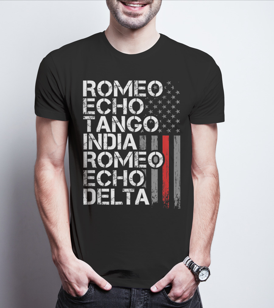 Romeo Echo Tango India Romeo Echo Delta Thin Red Line Retired Firefighter American Flag T-Shirt