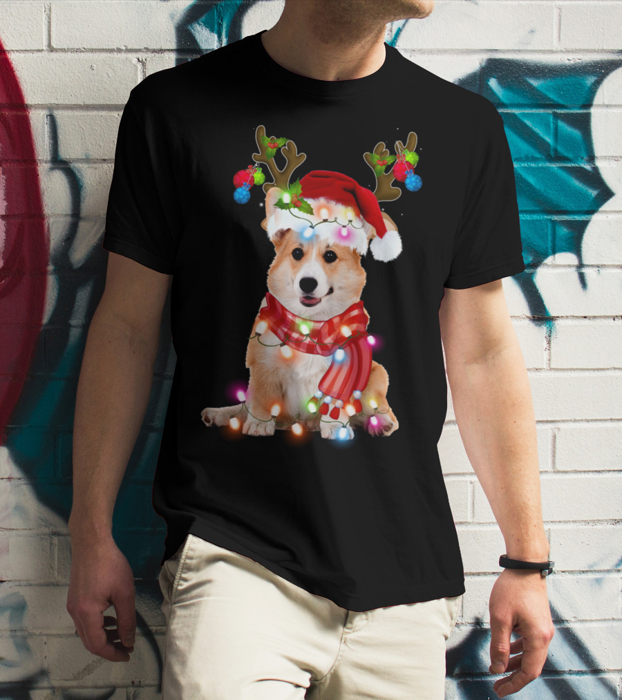 Corgi Christmas Reindeer Antlers Festive Lights And Santa Hat T-Shirt