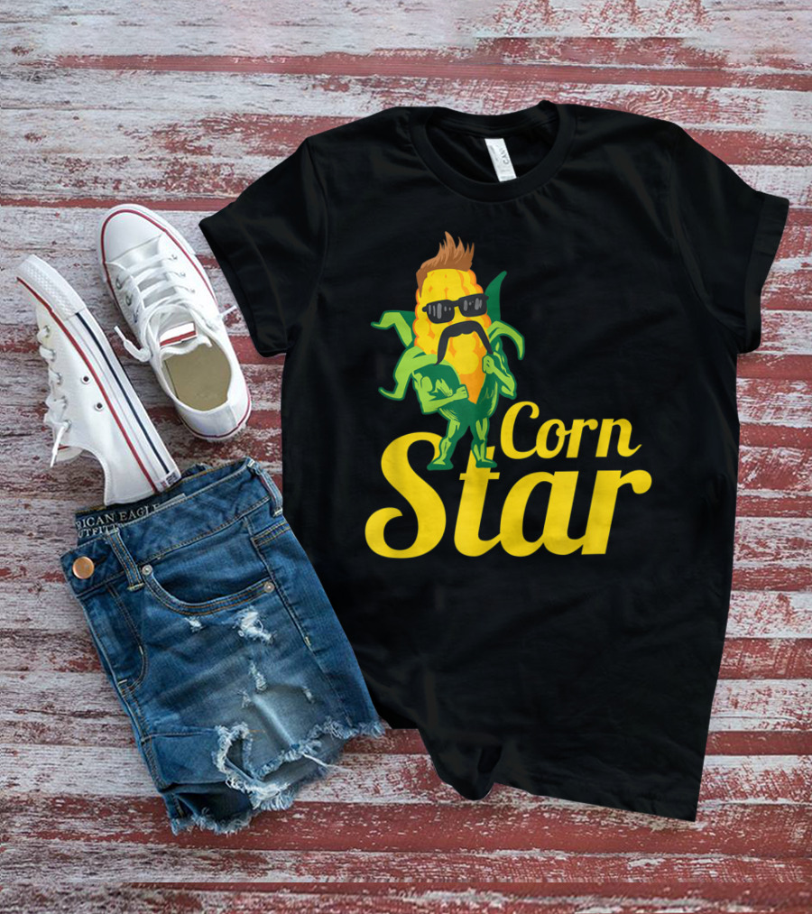 Funny Corn Star With Sunglasses And Mustache Maize Character T-Shirt