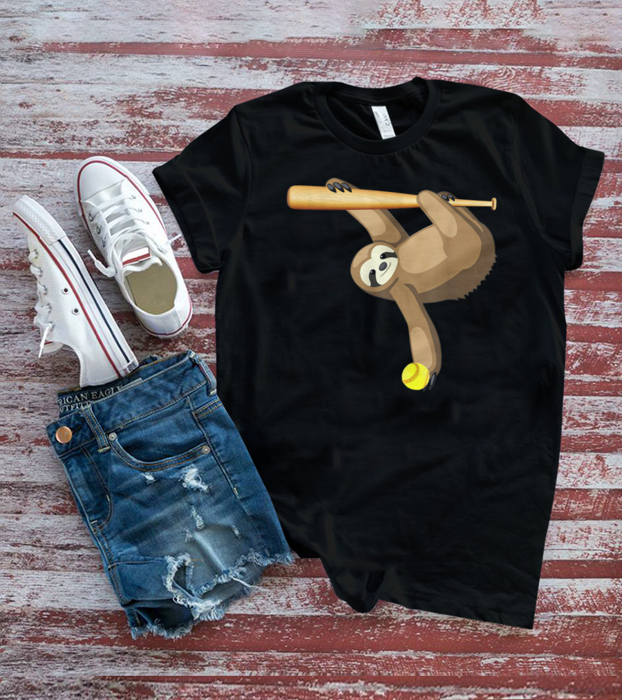 Funny Lazy Sloth Playing Baseball Softball With Bat And Ball T-Shirt