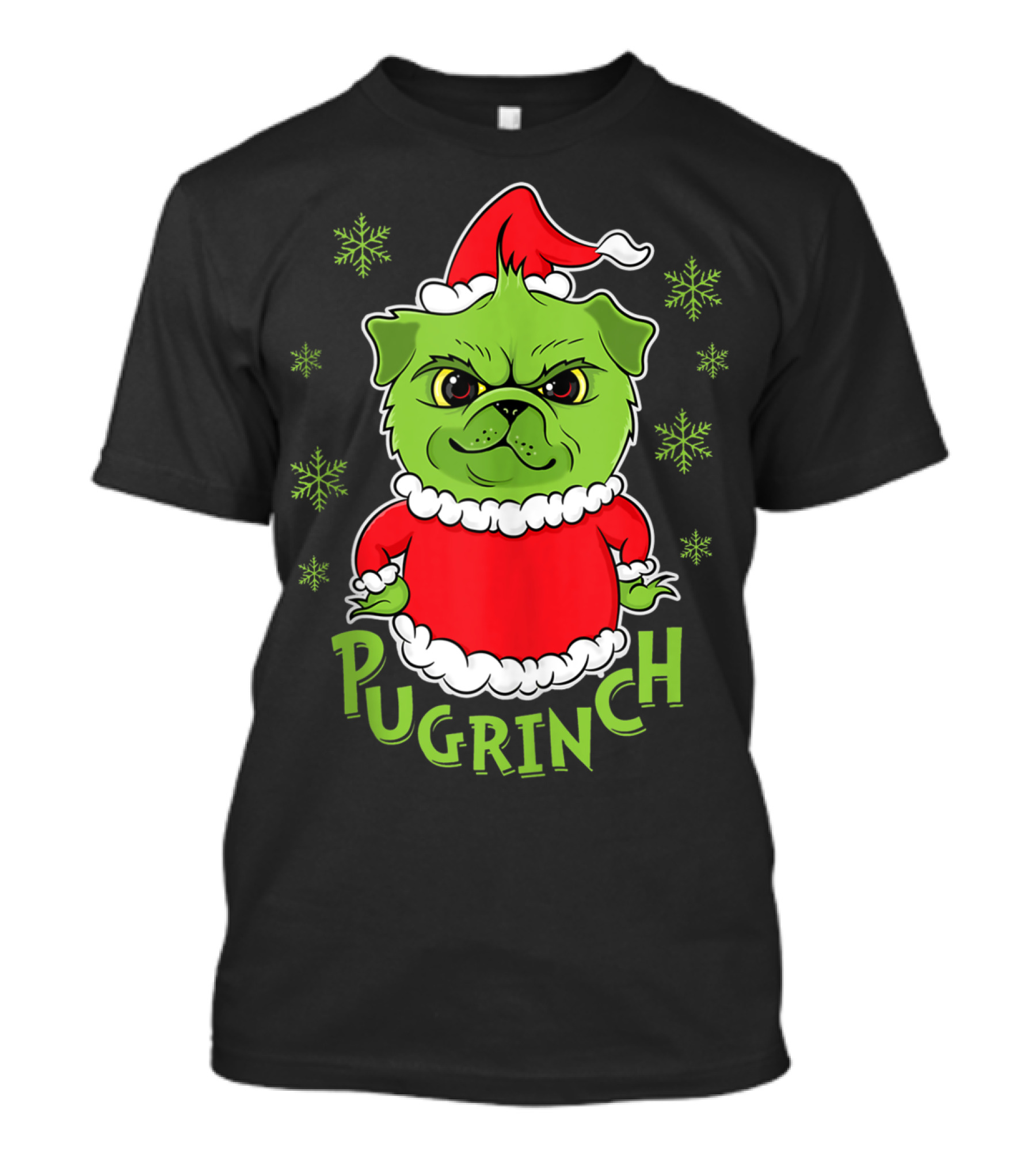 Pugrinch Funny Pug Dog In Christmas Santa Hat With Snowflakes T-Shirt