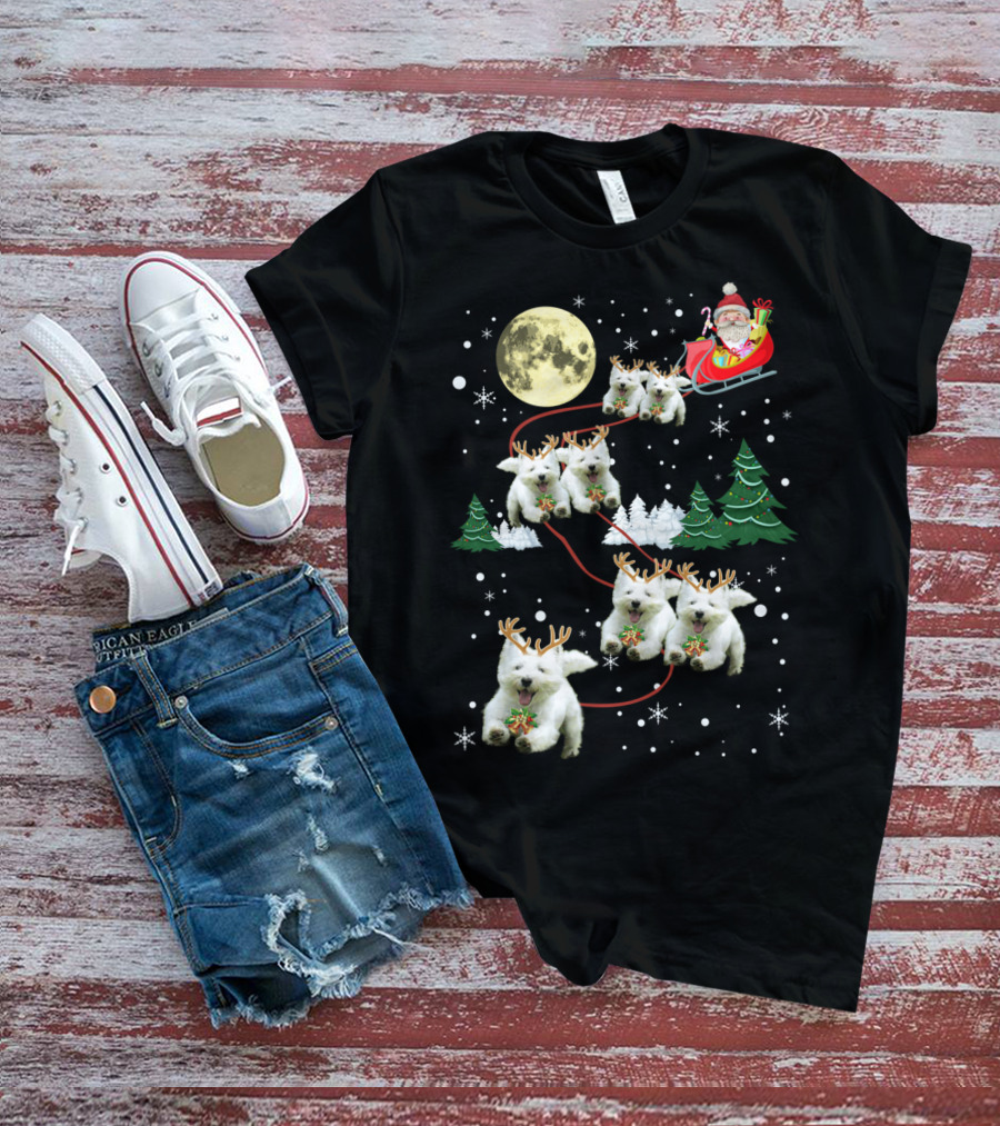 Santa's Sleigh Pulled By Funny Westie Puppies Under Moonlit Christmas Sky T-Shirt