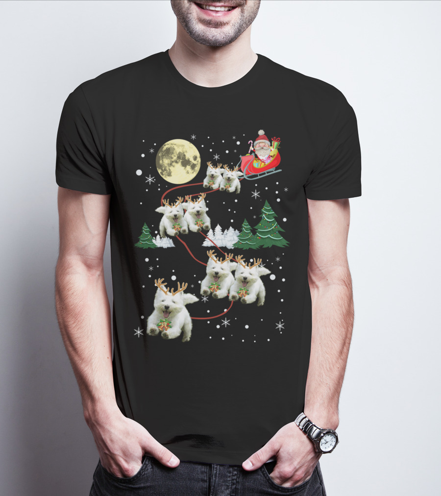 Santa's Sleigh Pulled By Funny Westie Puppies Under Moonlit Christmas Sky T-Shirt