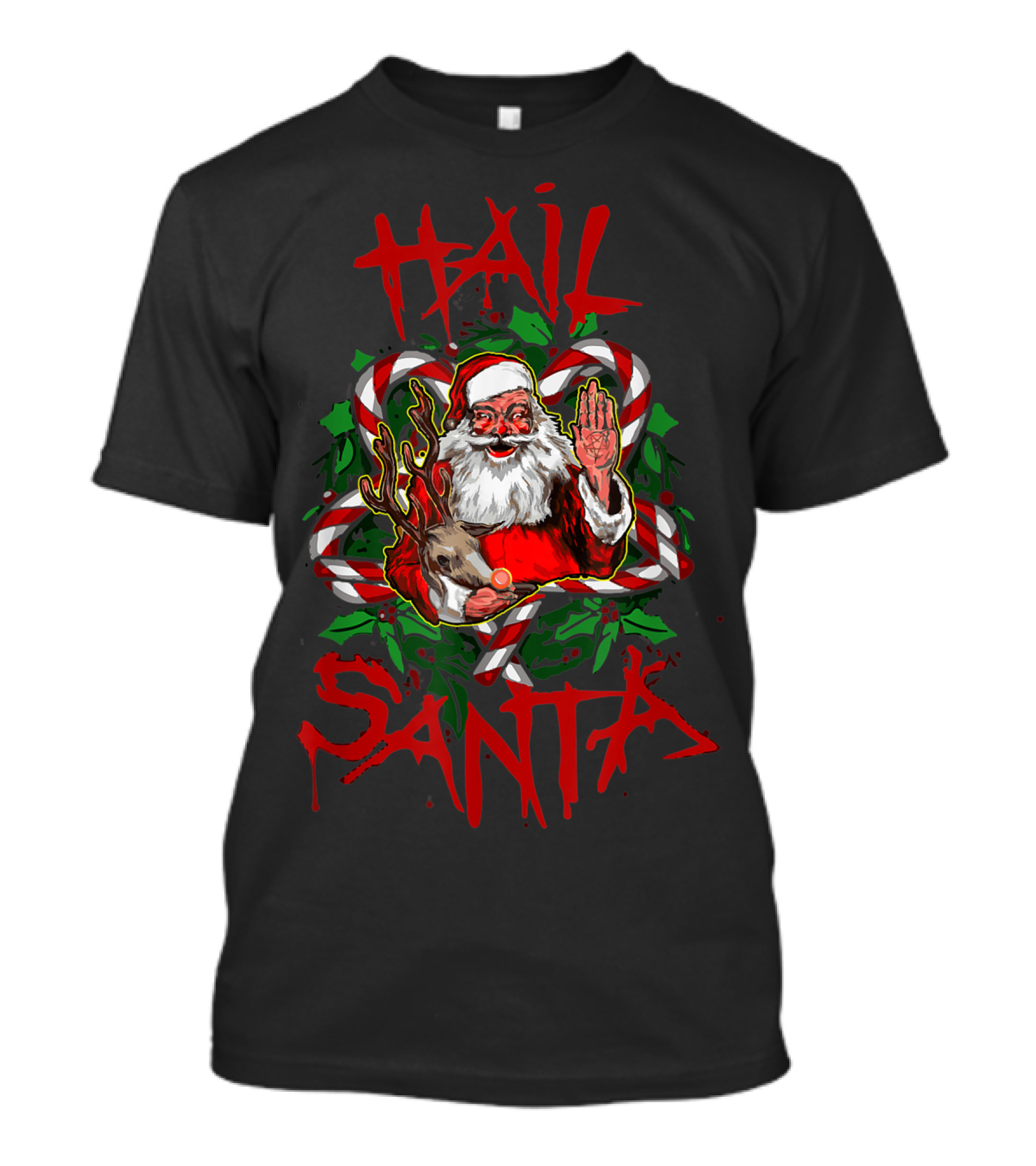 Hail Santa Funny Sleigher Christmas Rock Metal Santa With Reindeer And Candy Cane T-Shirt