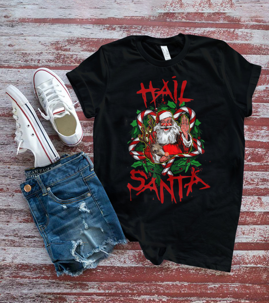 Hail Santa Funny Sleigher Christmas Rock Metal Santa With Reindeer And Candy Cane T-Shirt