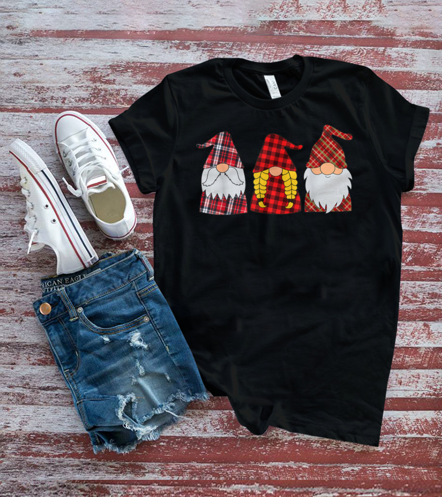 Hanging With Three Red Plaid Gnomies Gnome T-Shirt