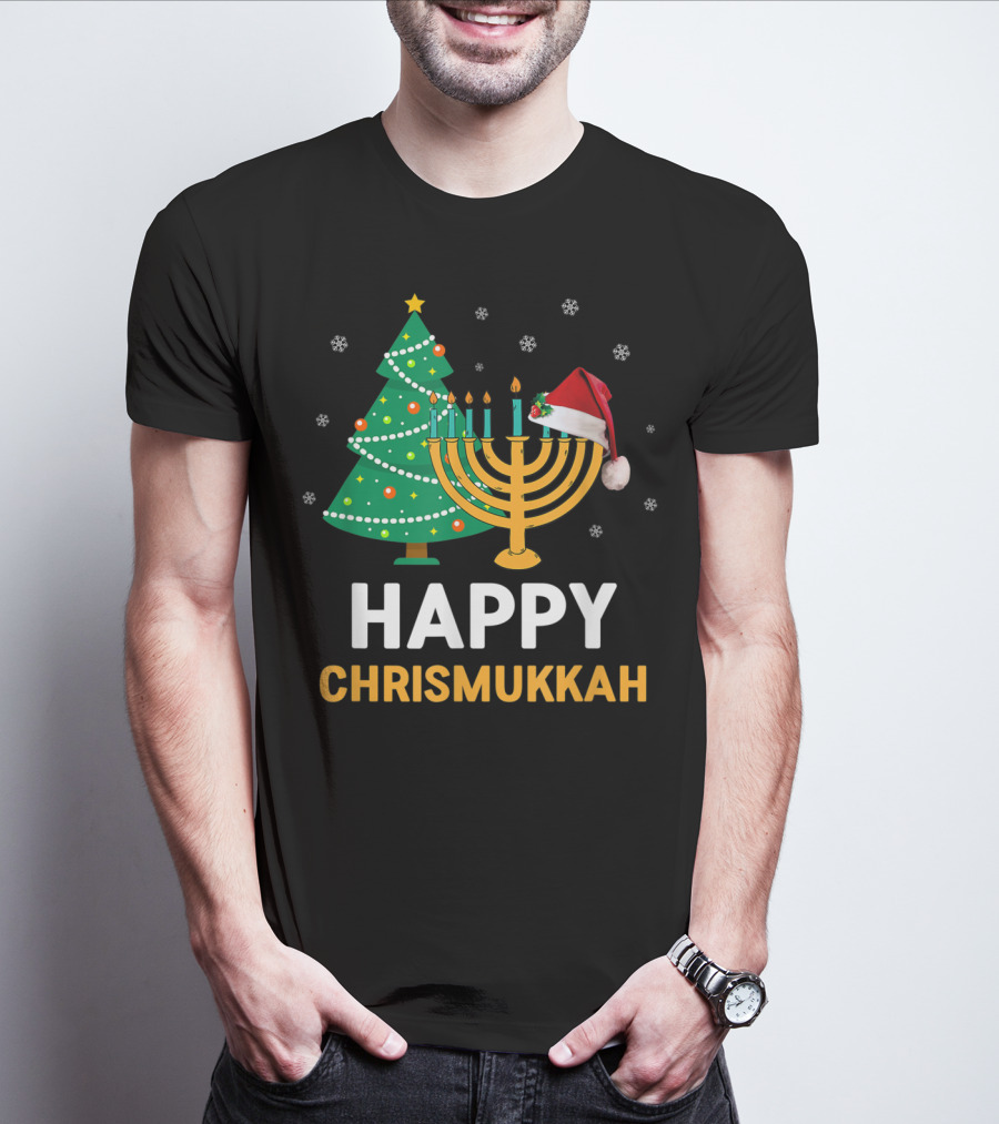 Happy Chrismukkah Funny Hanukkah Christmas Tree Menorah Santa Hat Snowflakes T-Shirt