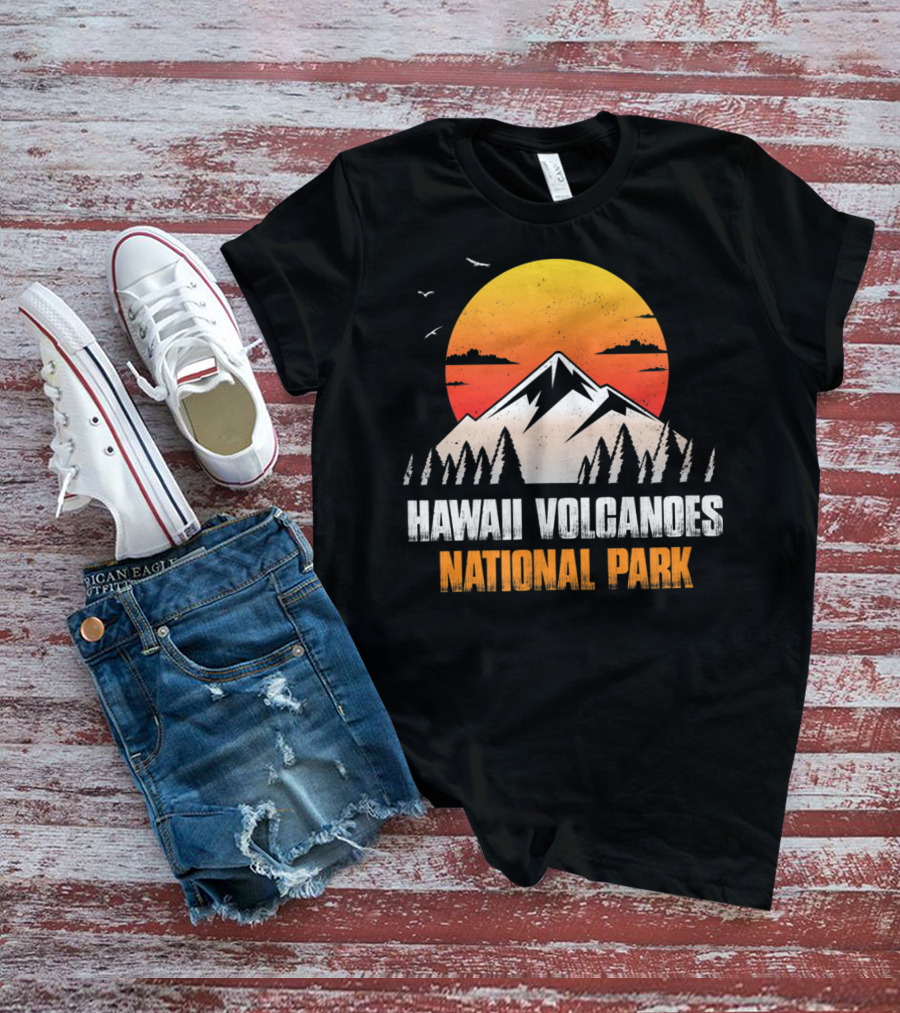 Hawaii Volcanoes National Park Sunset Mountain Landscape With Birds T-Shirt
