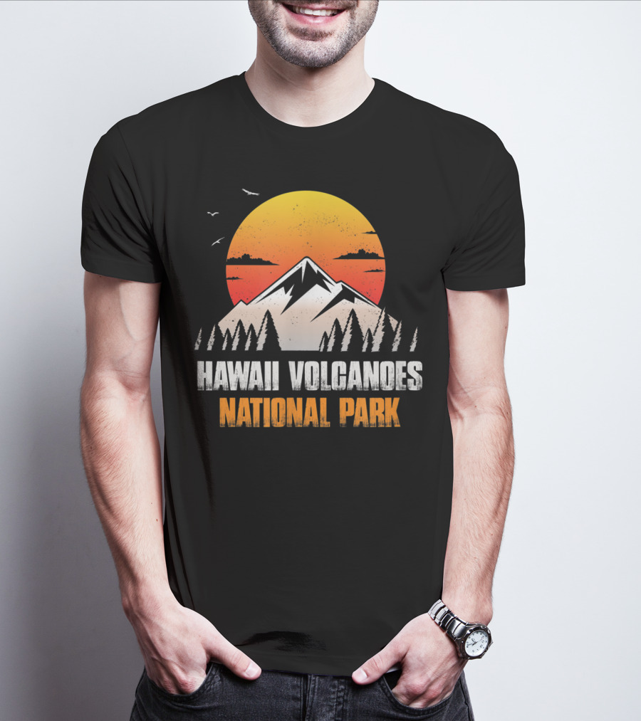 Hawaii Volcanoes National Park Sunset Mountain Landscape With Birds T-Shirt
