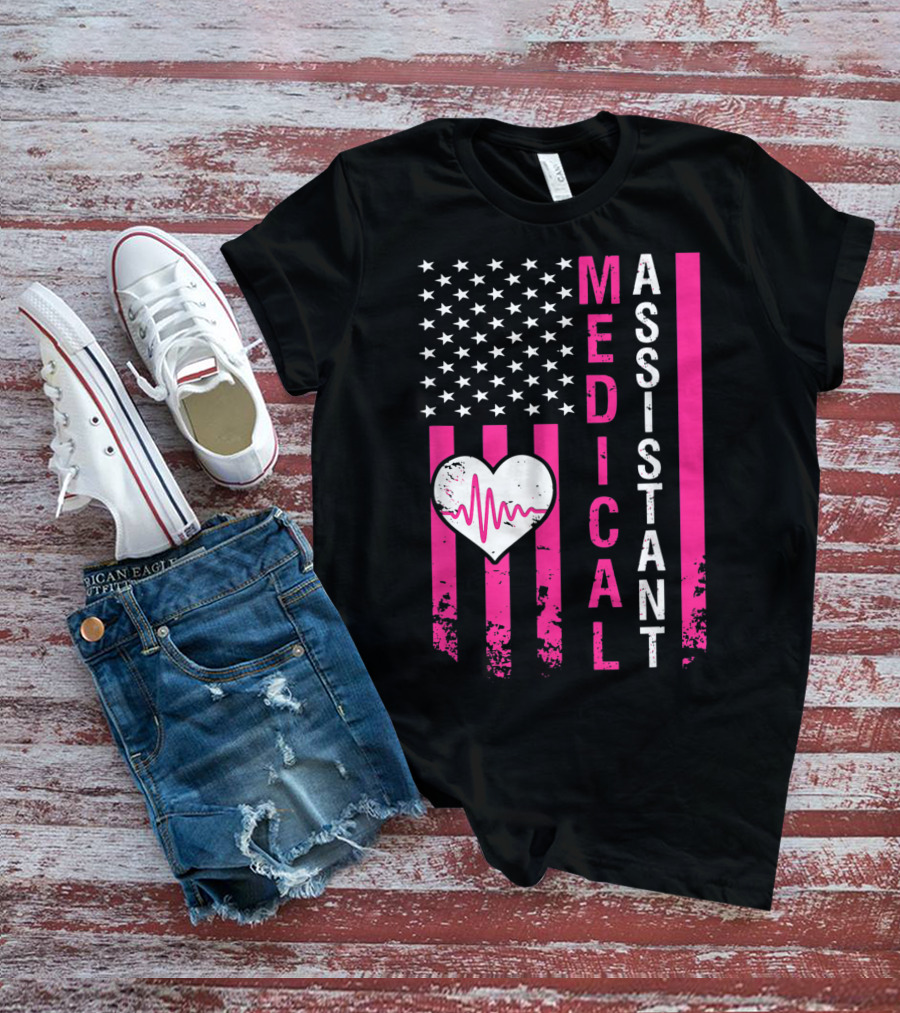 Medical Assistant Heartbeat American Flag T-Shirt