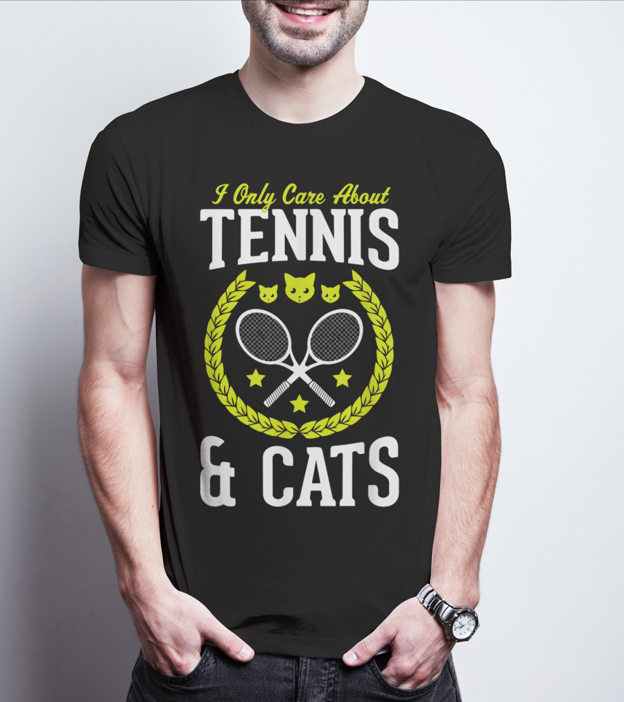 I Only Care About Tennis And Cats Funny Tennis Rackets Cat Faces Laurel Stars T-Shirt