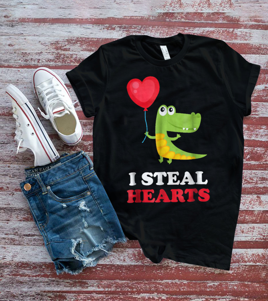I Steal Hearts Dinosaur Holding Balloon Valentines Day T-Shirt