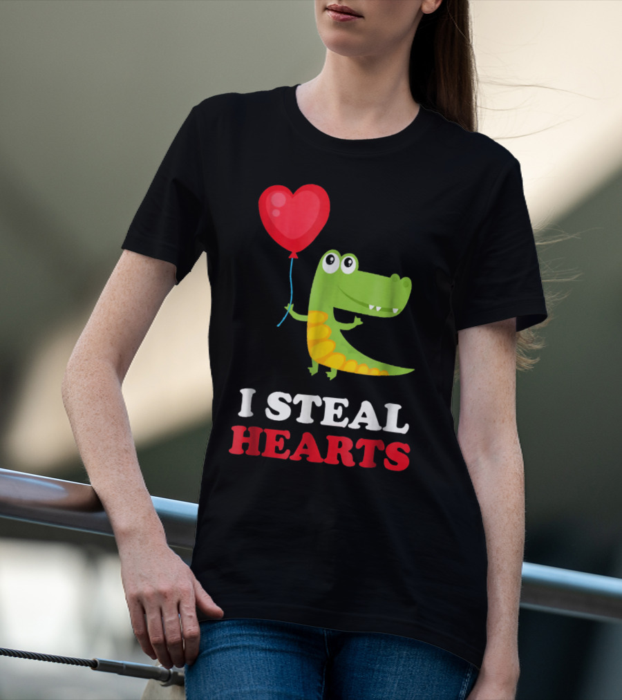 I Steal Hearts Dinosaur Holding Balloon Valentines Day T-Shirt