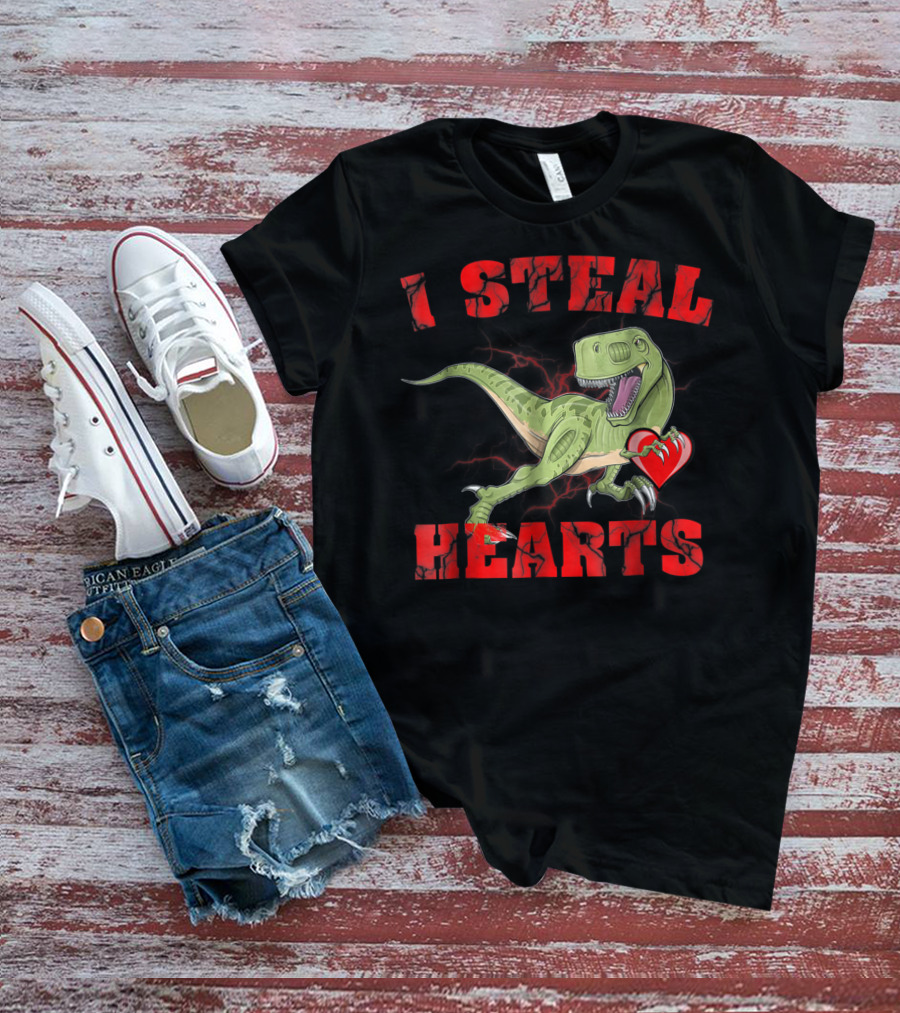 I Steal Hearts Valentine's Day Dinosaur Rex E2 Funny T-Rex Holding Heart T-Shirt