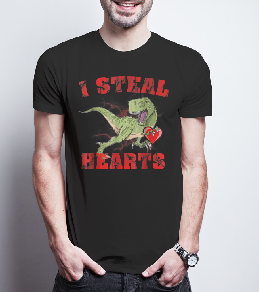 I Steal Hearts Valentine's Day Dinosaur Rex E2 Funny T-Rex Holding Heart T-Shirt
