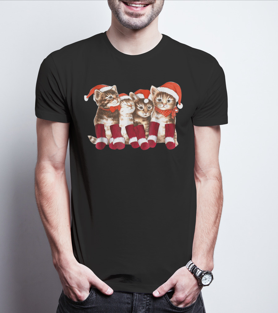 Kittens With Santa Hats Funny Christmas Cat Stockings T-Shirt