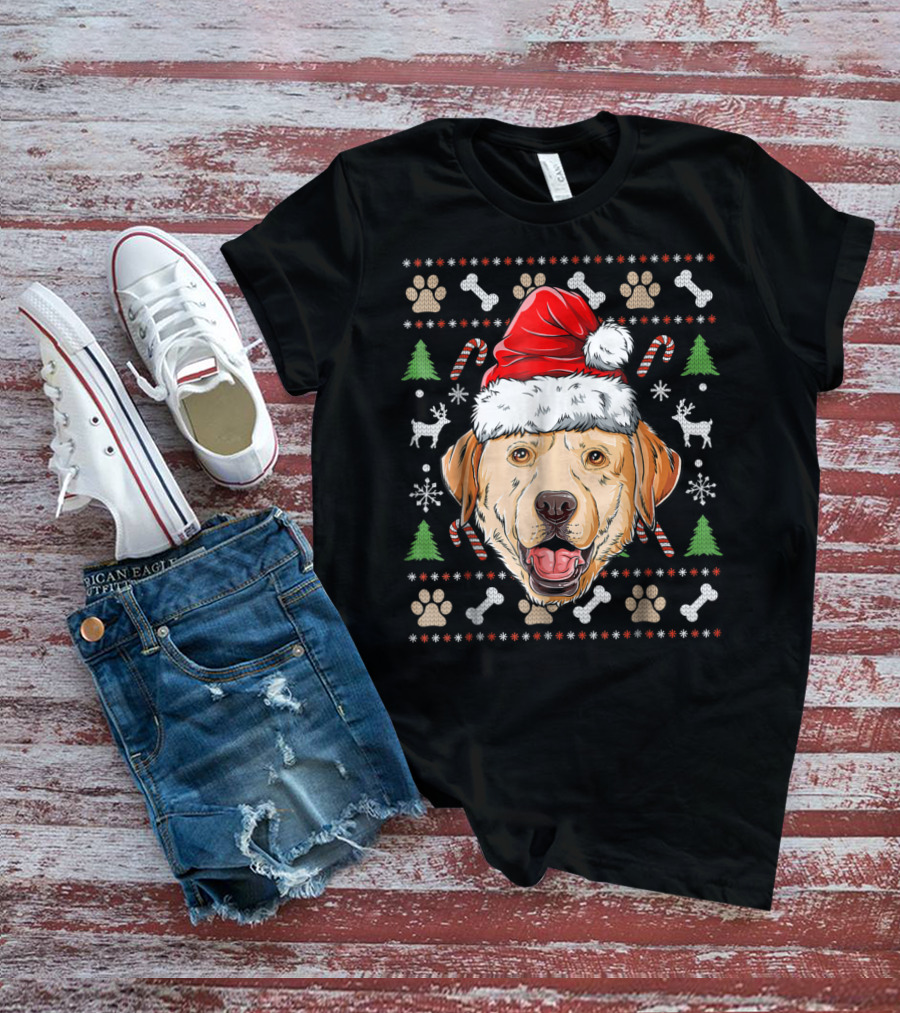 Labrador Ugly Christmas Sweater Santa Hat Xmas Dog Candy Cane Paw Print Snowflake T-Shirt