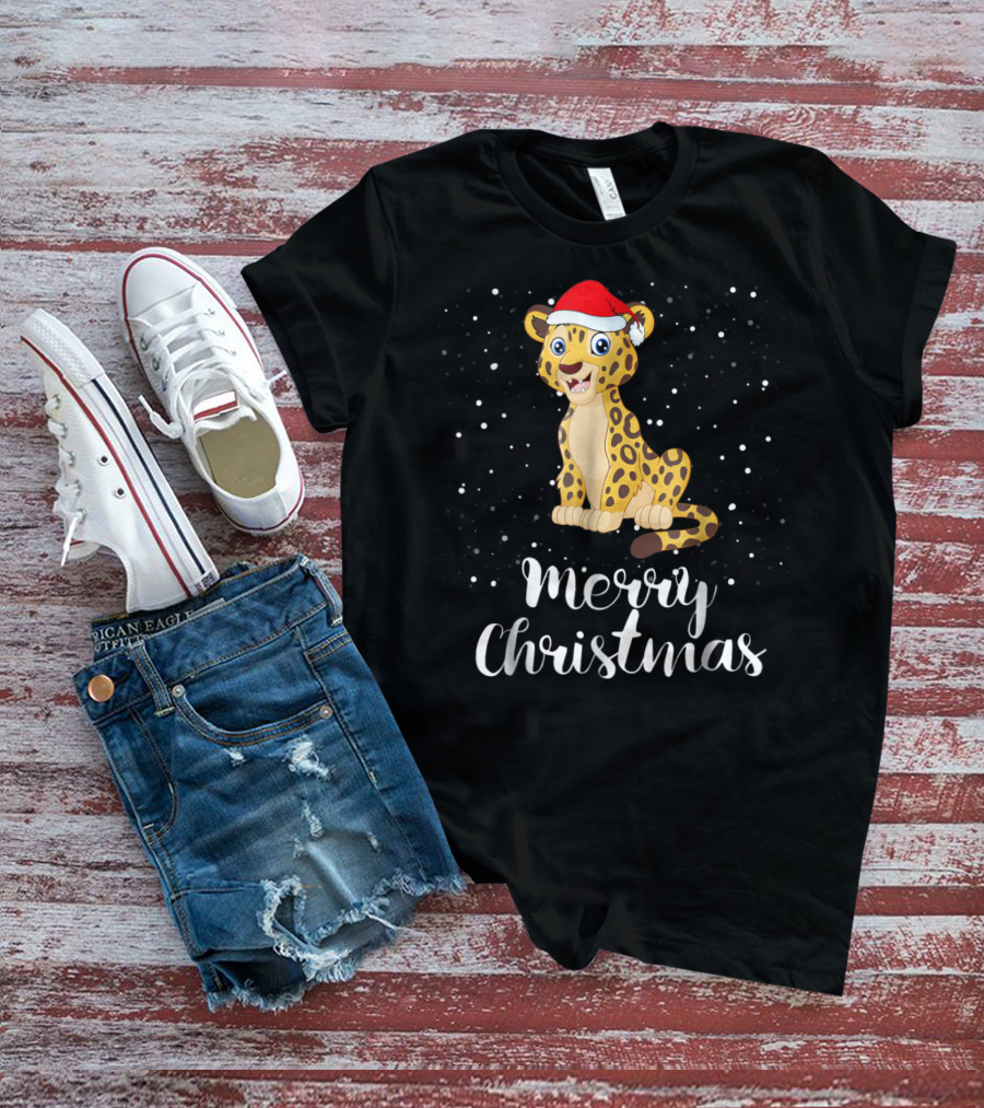 Merry Christmas Leopard Santa Hat Matching Family Group T-Shirt