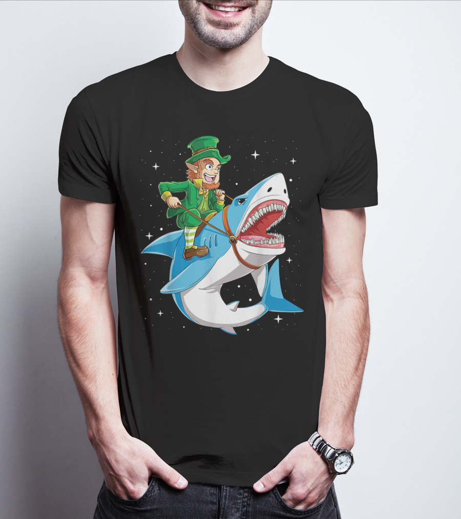 Leprechaun On Great White Shark With Starry Background T-Shirt