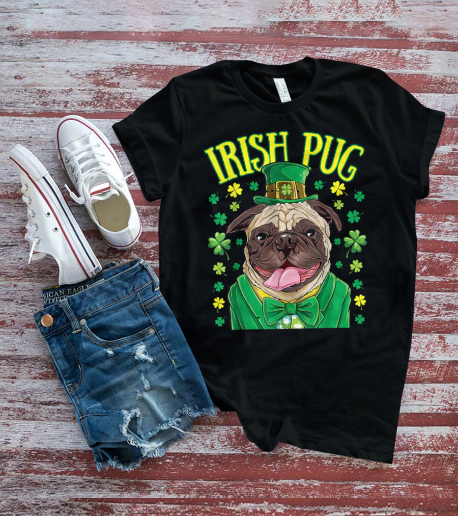 Irish Pug Leprechaun St Patricks Day Boys Dog Shamrock Hat Bow Tie T-Shirt