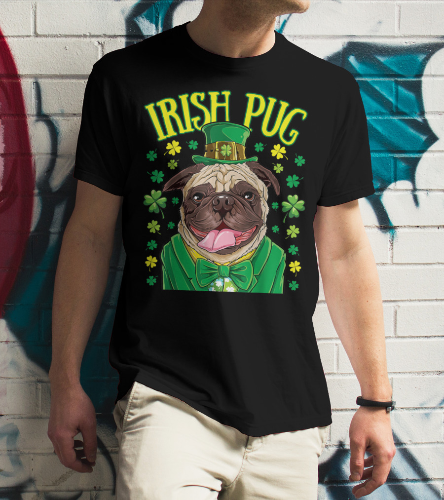 Irish Pug Leprechaun St Patricks Day Boys Dog Shamrock Hat Bow Tie T-Shirt