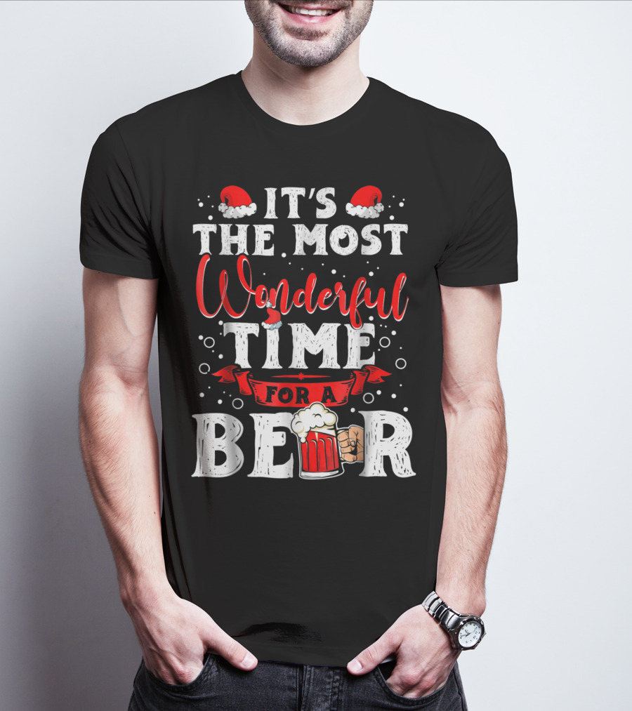 It's The Most Wonderful Time For A Beer Santa Hat Bubbles Cheers T-Shirt
