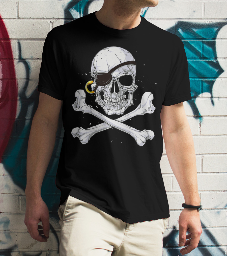 Jolly Roger Skull Crossbones Pirate Eye Patch Gold Earring T-Shirt