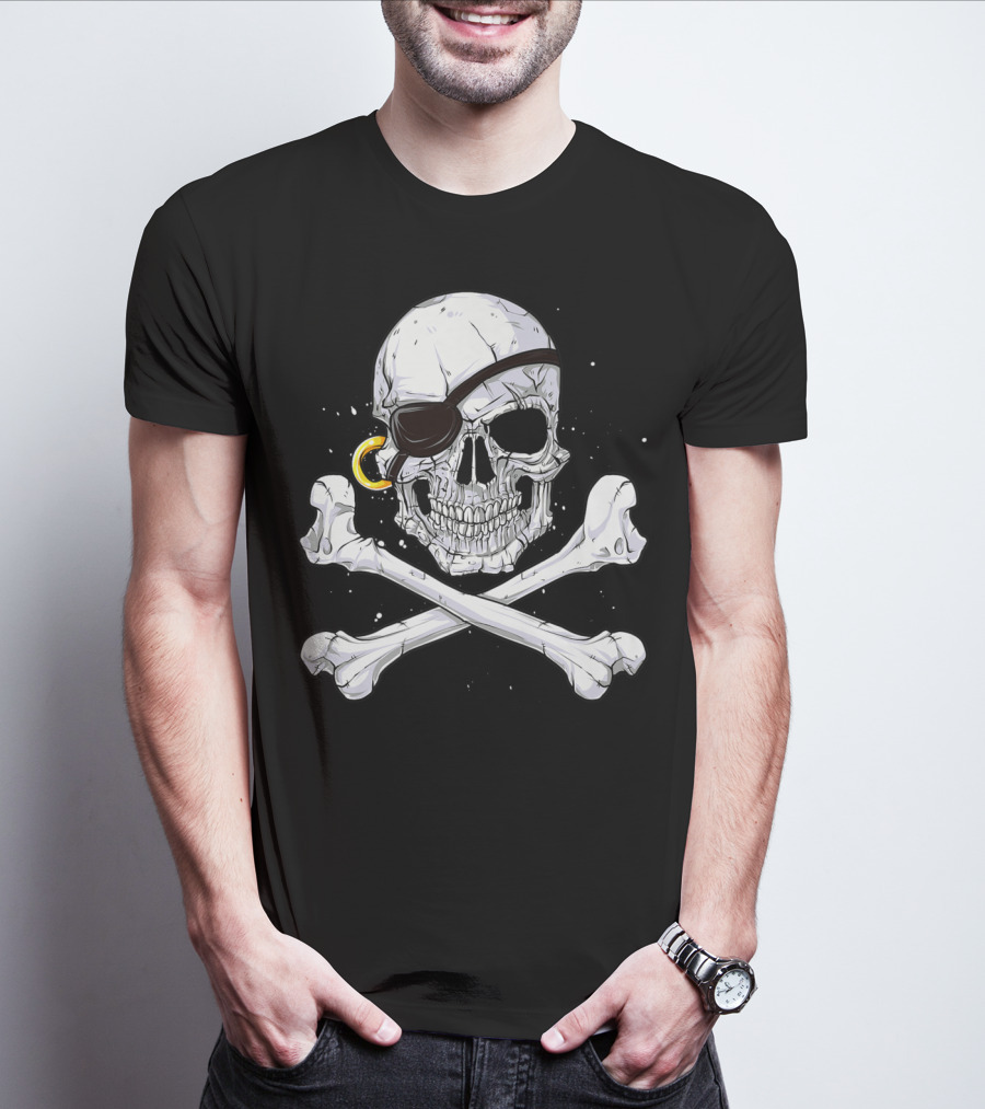 Jolly Roger Skull Crossbones Pirate Eye Patch Gold Earring T-Shirt
