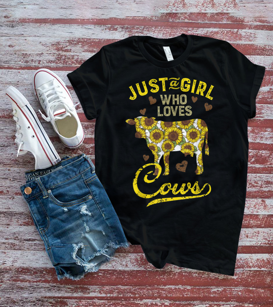 Just A Girl Who Loves Cows Sunflower Farm Sunflower Patterned Cow With Hearts T-Shirt