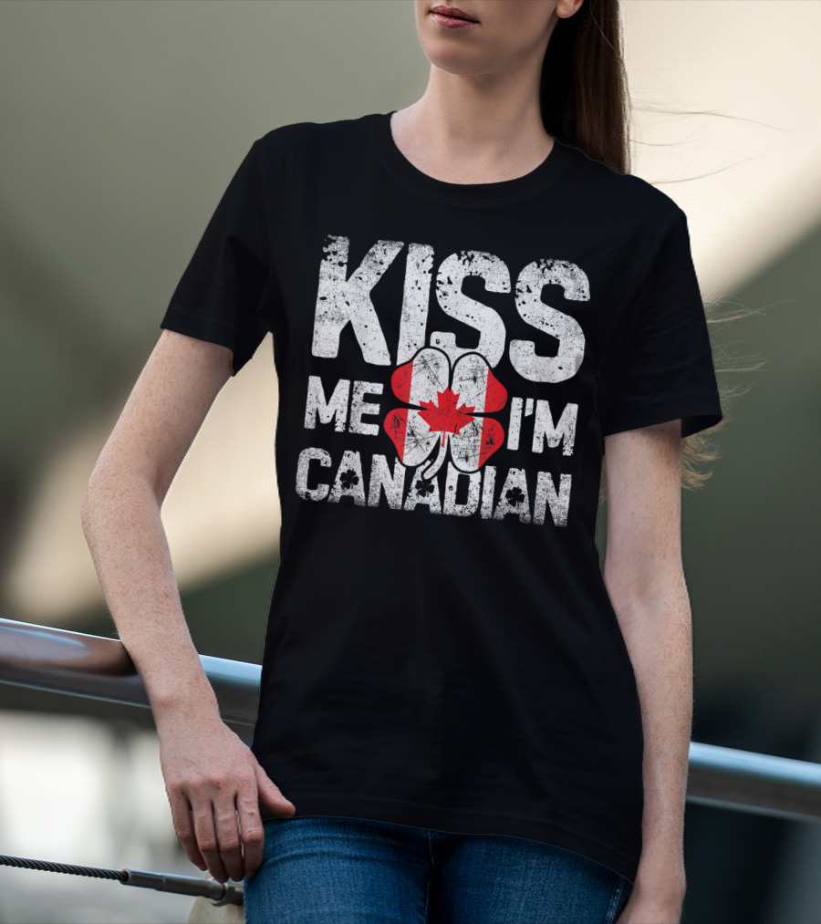 Kiss Me I'm Canadian St Patricks Day Shamrock Maple Leaf T-Shirt